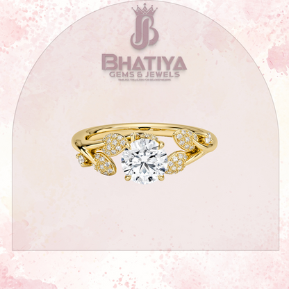 Timeless Elegance Solitaire Ring with Diamond Leaf Accents 14K Gold