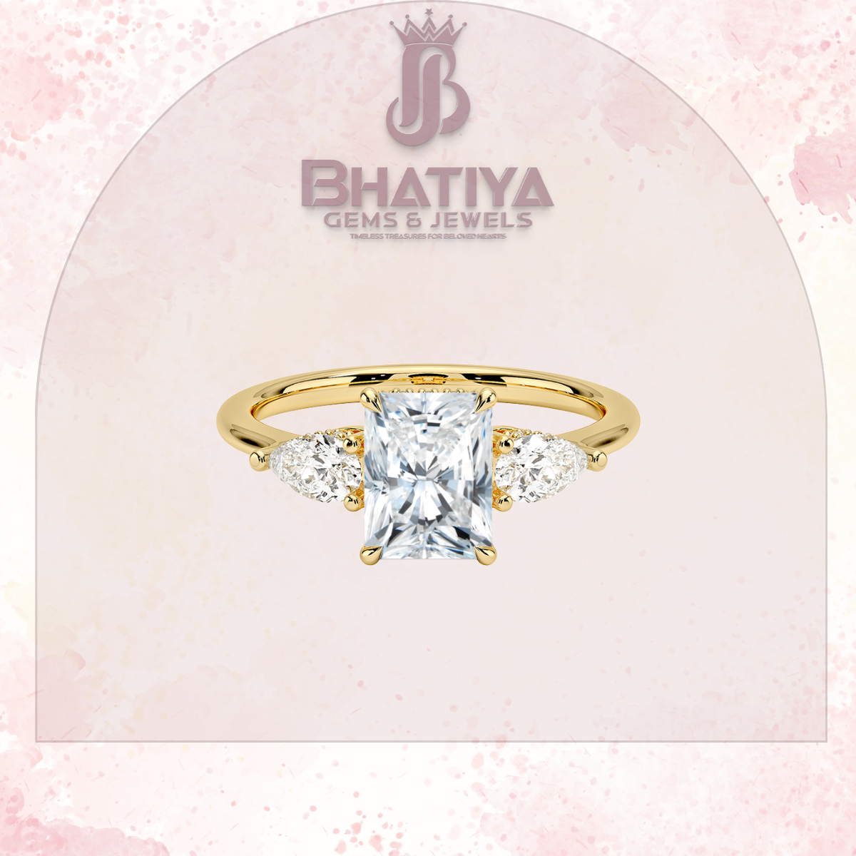 Elegant Diamond Engagement Ring – 14K Yellow Gold with Side Pear-Shaped Diamonds Luxury Fine Jewelry by Bhatiya Gems & Jewels