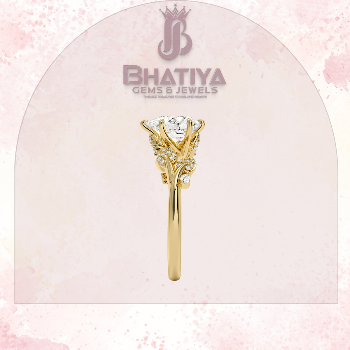 Timeless Elegance Solitaire Ring with Diamond Leaf Accents 14K Gold