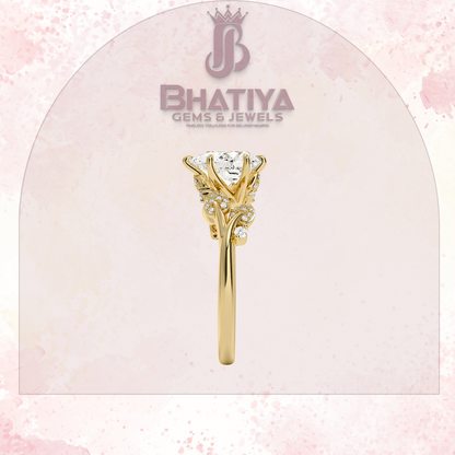 Timeless Elegance Solitaire Ring with Diamond Leaf Accents 14K Gold