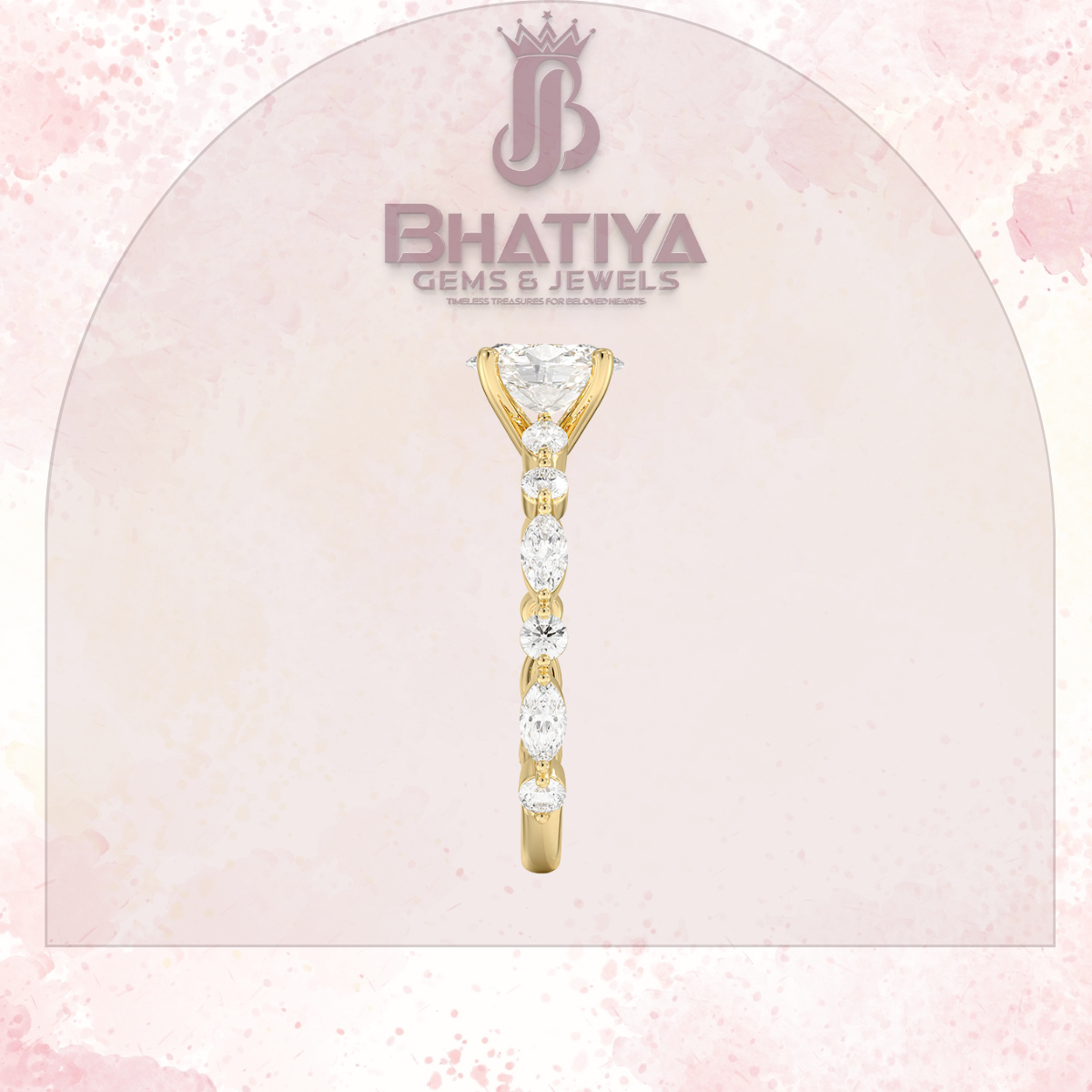 Classic Diamond Ring with Round Diamond Side Accents in IGI Certified Yellow Gold and Silver 925.
