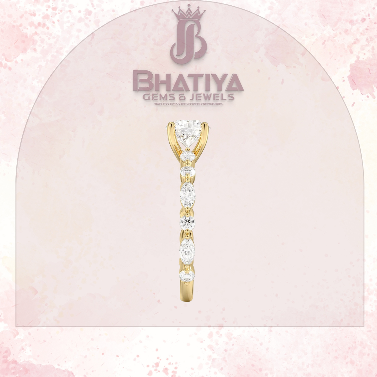 Classic Diamond Ring with Round Diamond Side Accents in IGI Certified Yellow Gold and Silver 925.