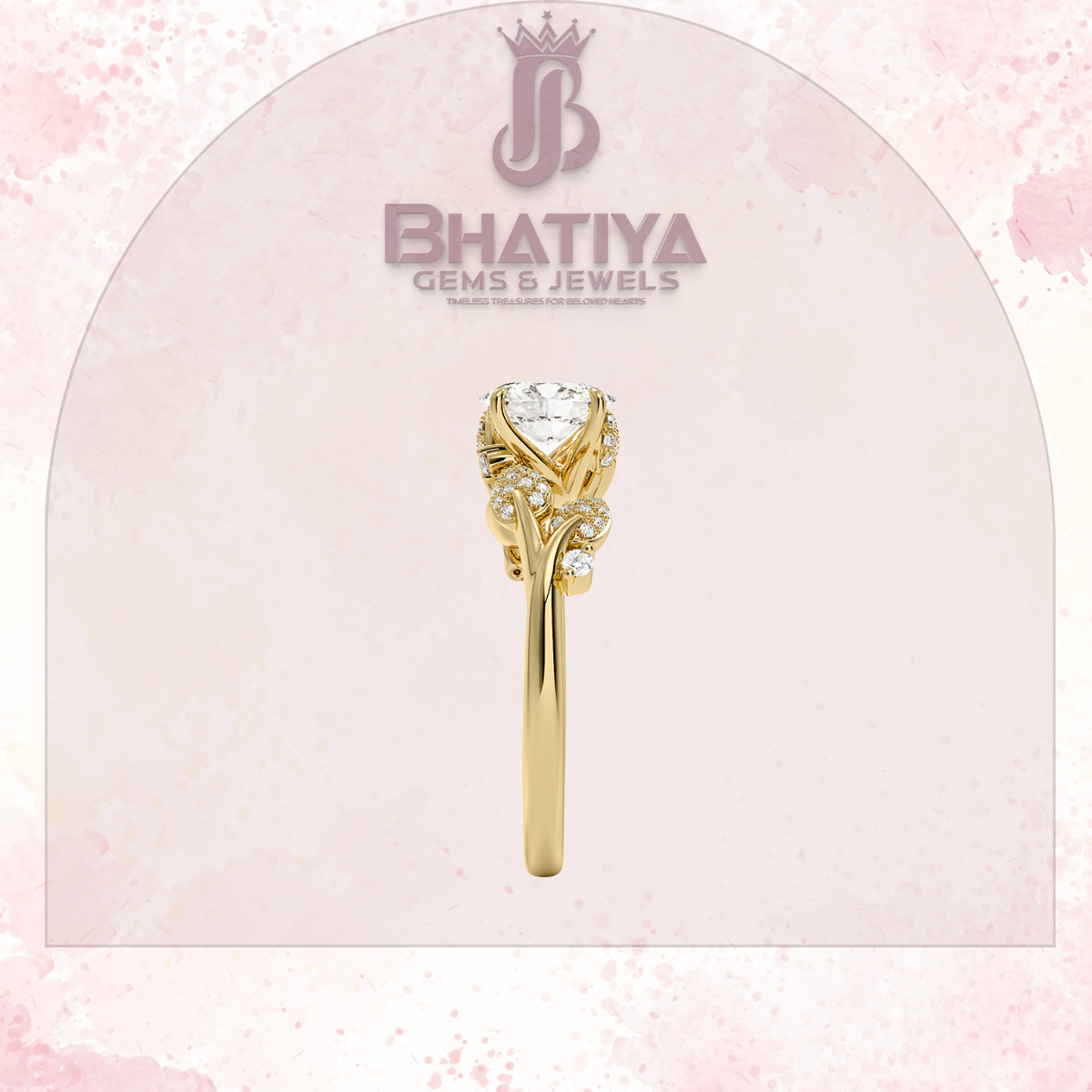 Timeless Elegance Solitaire Ring with Diamond Leaf Accents 14K Gold