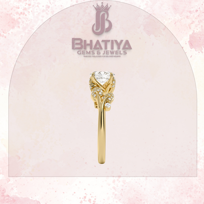 Timeless Elegance Solitaire Ring with Diamond Leaf Accents 14K Gold