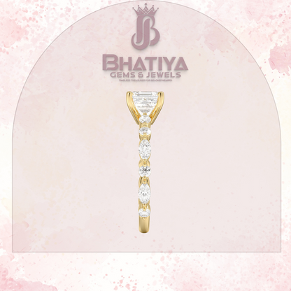 Classic Diamond Ring with Round Diamond Side Accents in IGI Certified Yellow Gold and Silver 925.