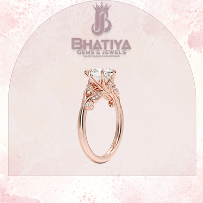 Timeless Elegance Solitaire Ring with Diamond Leaf Accents 14K Gold