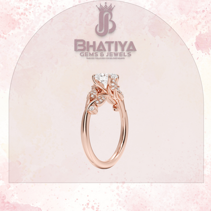 Timeless Elegance Solitaire Ring with Diamond Leaf Accents 14K Gold