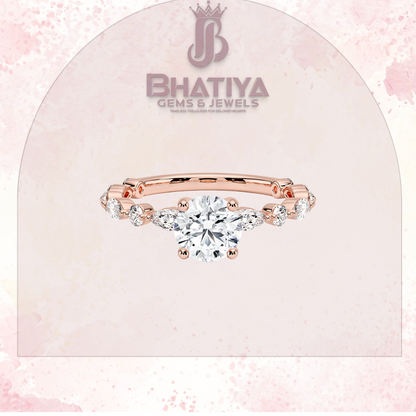 Classic Diamond Ring with Round Diamond Side Accents in IGI Certified Yellow Gold and Silver 925.