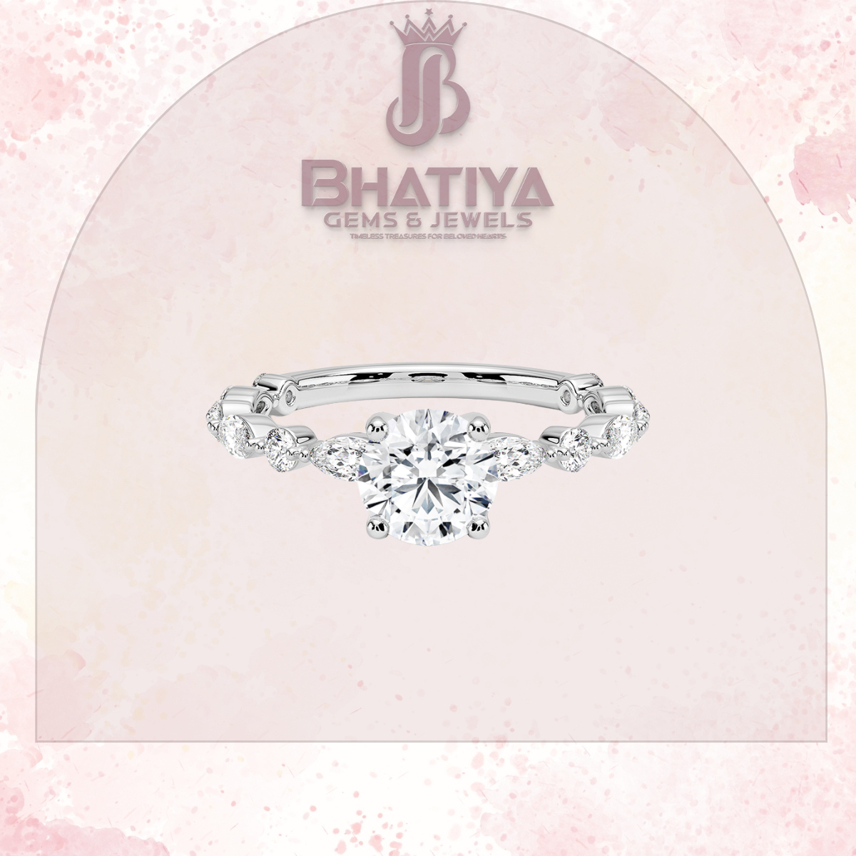 Classic Diamond Ring with Round Diamond Side Accents in IGI Certified Yellow Gold and Silver 925.