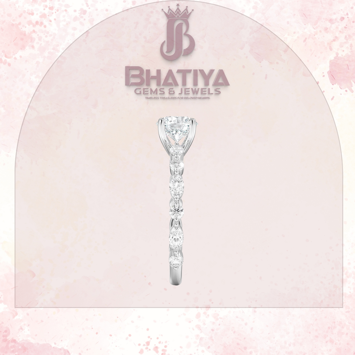 Classic Diamond Ring with Round Diamond Side Accents in IGI Certified Yellow Gold and Silver 925.