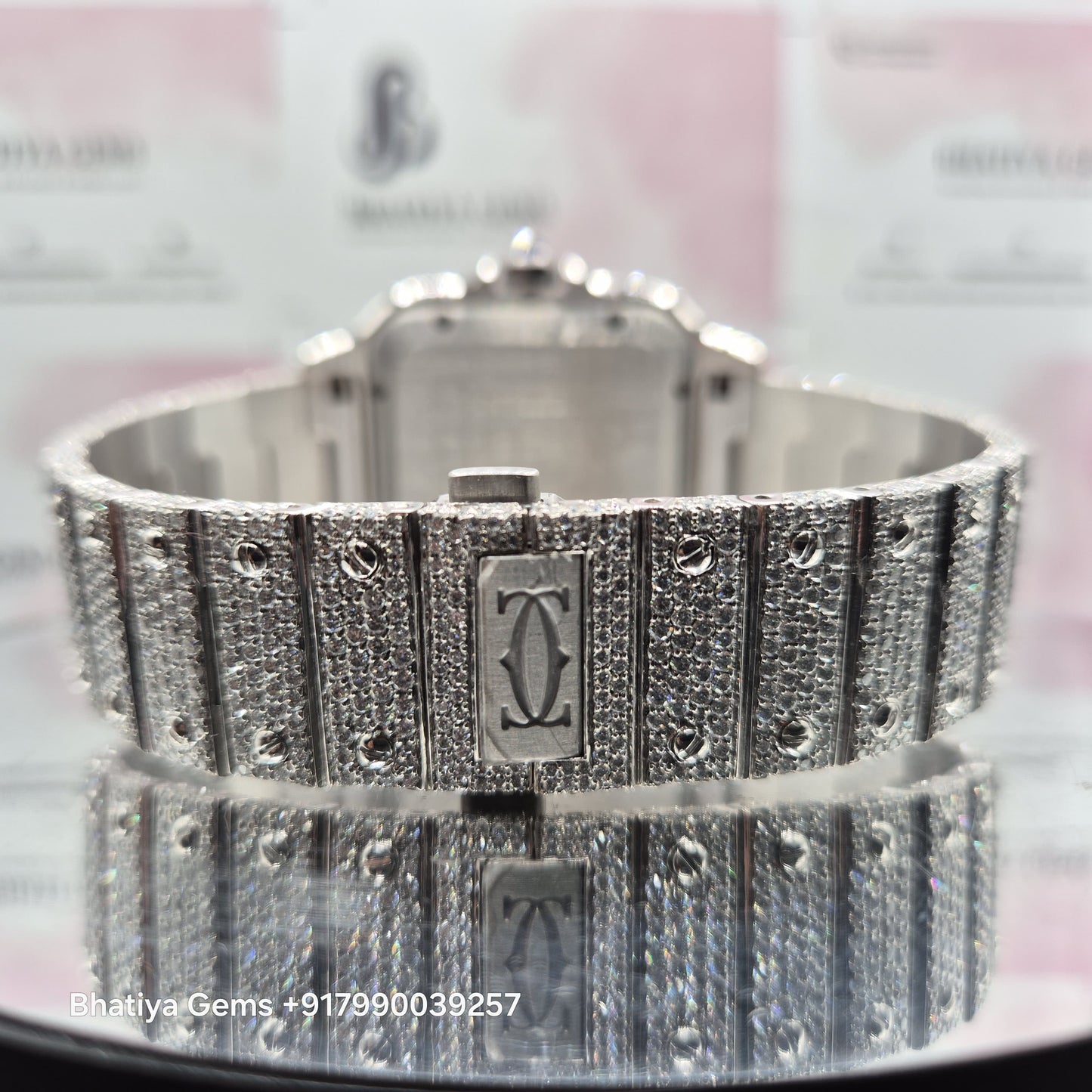 Cartier Santos de Cartier Large Custom Diamond-Set Steel Watch with Smoky Green Dial