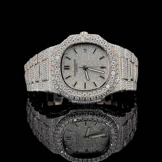 Patek Philippe Iced-Out Moissanite Watch Hip Hop Men's Crystal Watch Stainless Steel Quartz Analog Bracelet Wristwatch