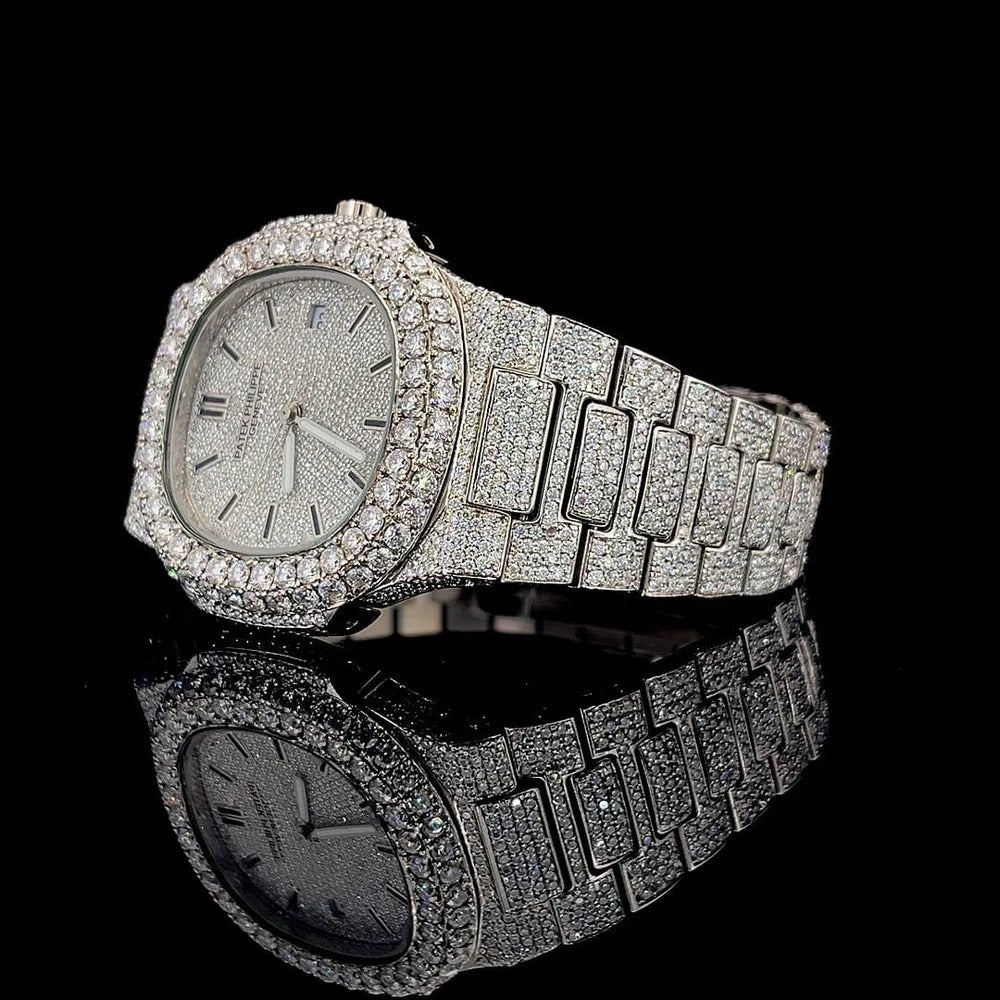 Patek Philippe Iced-Out Moissanite Watch Hip Hop Men's Crystal Watch Stainless Steel Quartz Analog Bracelet Wristwatch