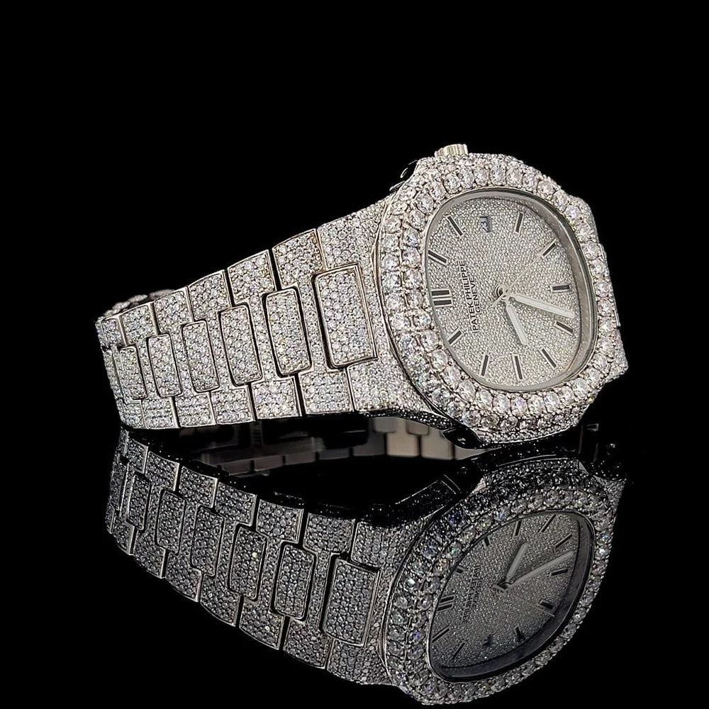 Patek Philippe Iced-Out Moissanite Watch Hip Hop Men's Crystal Watch Stainless Steel Quartz Analog Bracelet Wristwatch