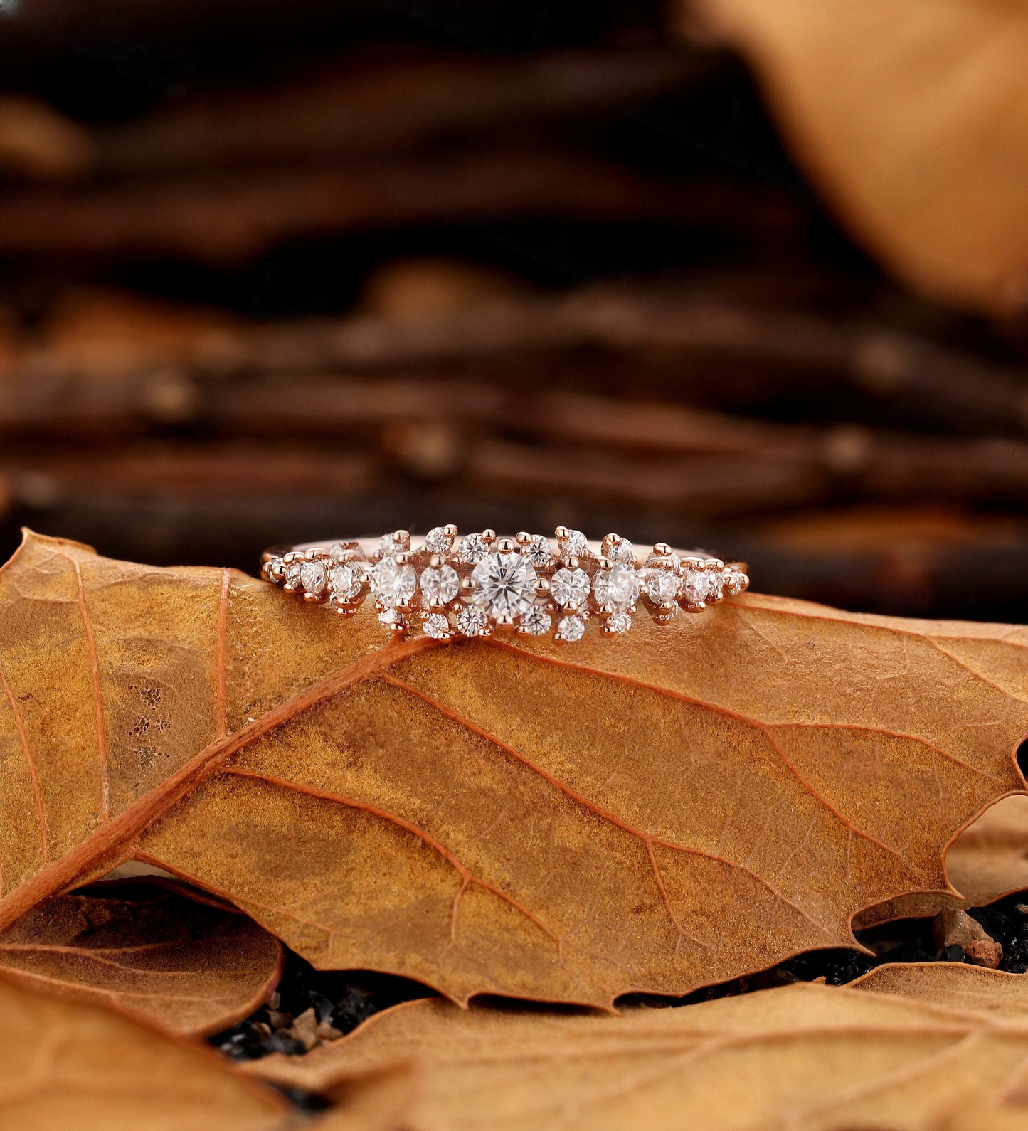 Diamond / Lab Grown Cluster Ring in Rose Gold – Sparkling Vintage Matching Wedding Band – Elegant Half Eternity Jewelry