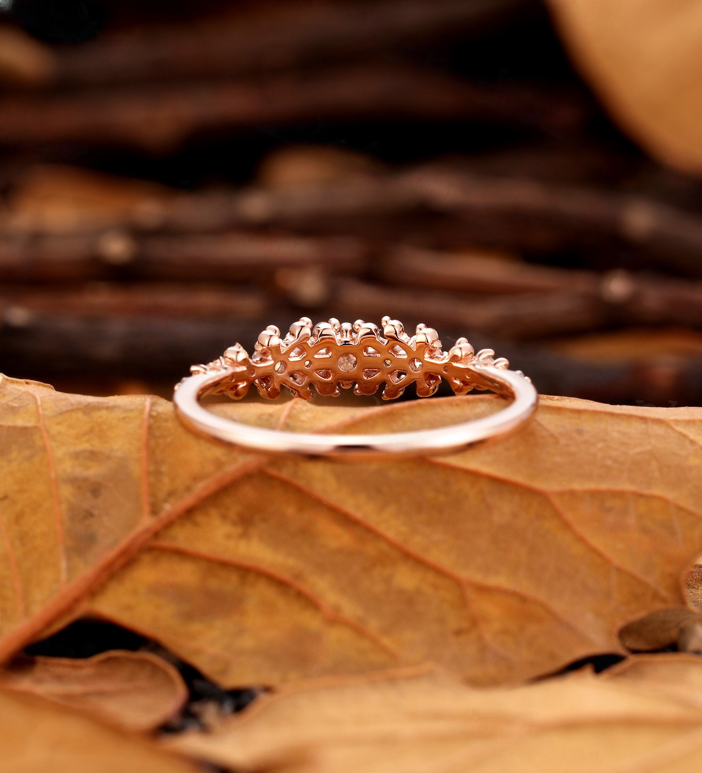 Diamond / Lab Grown Cluster Ring in Rose Gold – Sparkling Vintage Matching Wedding Band – Elegant Half Eternity Jewelry