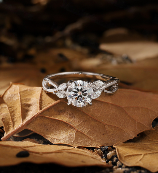 Vintage Lab Grown engagement ring | art deco white gold Round shape ring| leaf diamond ring unique marquise twist Anniversary ring