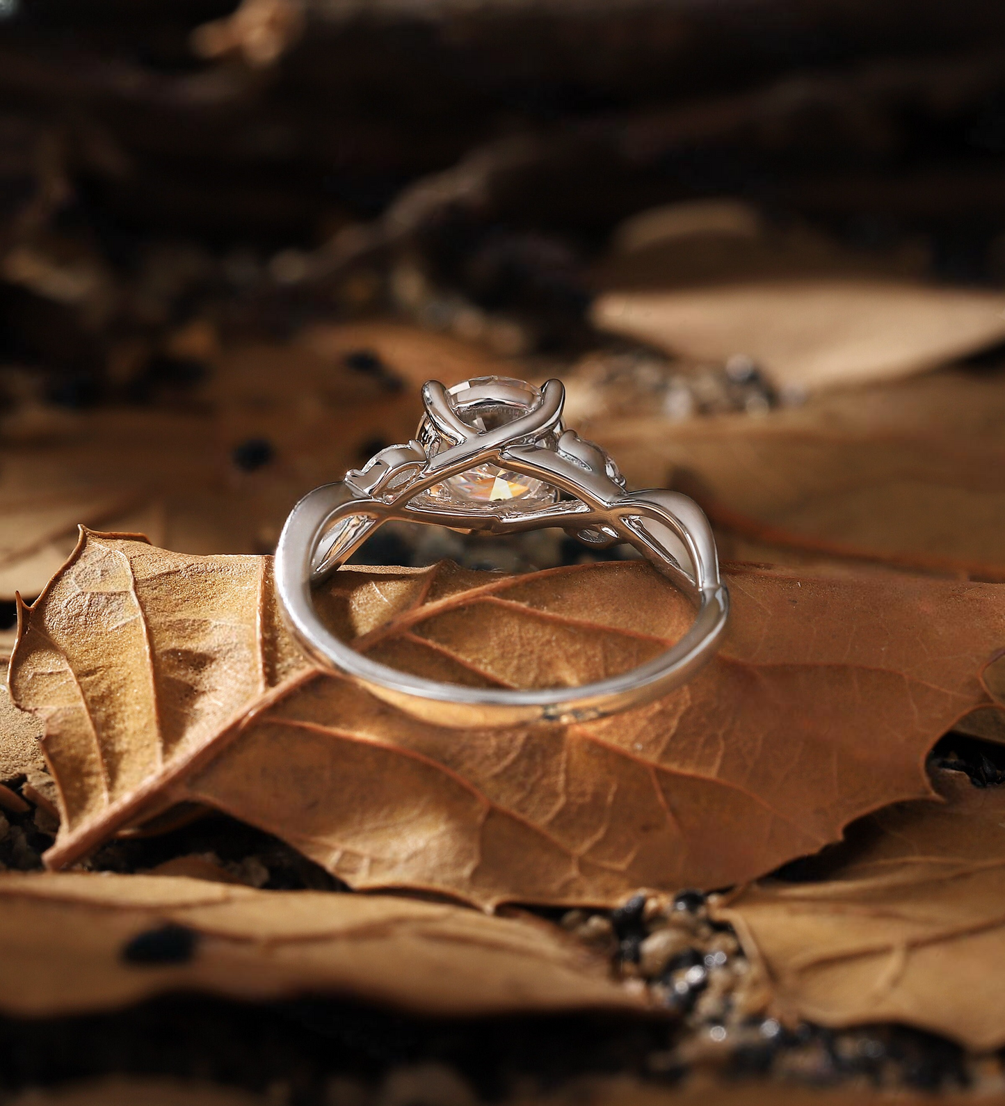 Vintage Lab Grown engagement ring | art deco white gold Round shape ring| leaf diamond ring unique marquise twist Anniversary ring