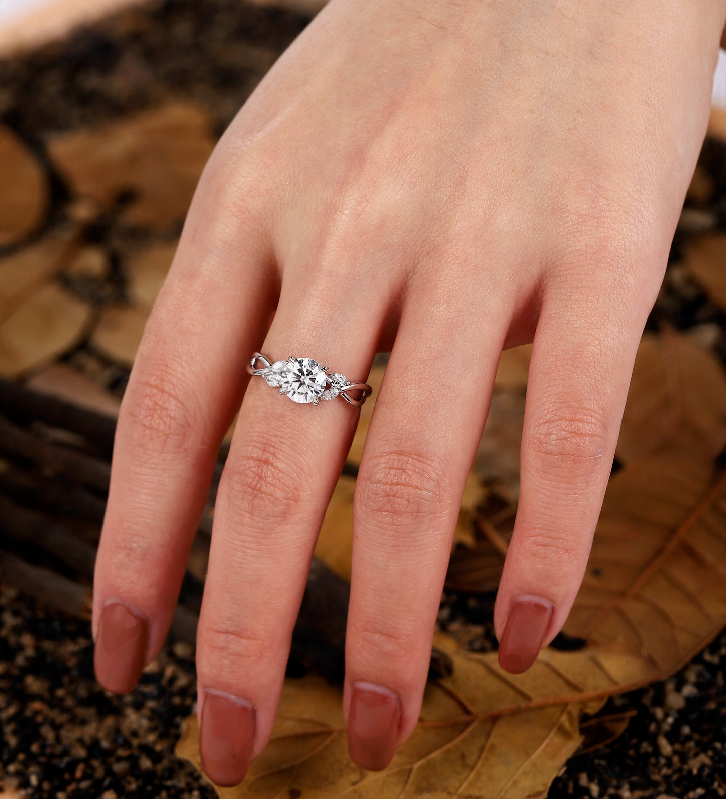 Vintage Lab Grown engagement ring | art deco white gold Round shape ring| leaf diamond ring unique marquise twist Anniversary ring