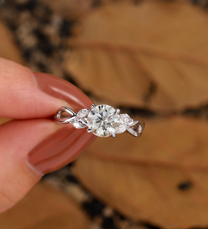 Vintage Lab Grown engagement ring | art deco white gold Round shape ring| leaf diamond ring unique marquise twist Anniversary ring