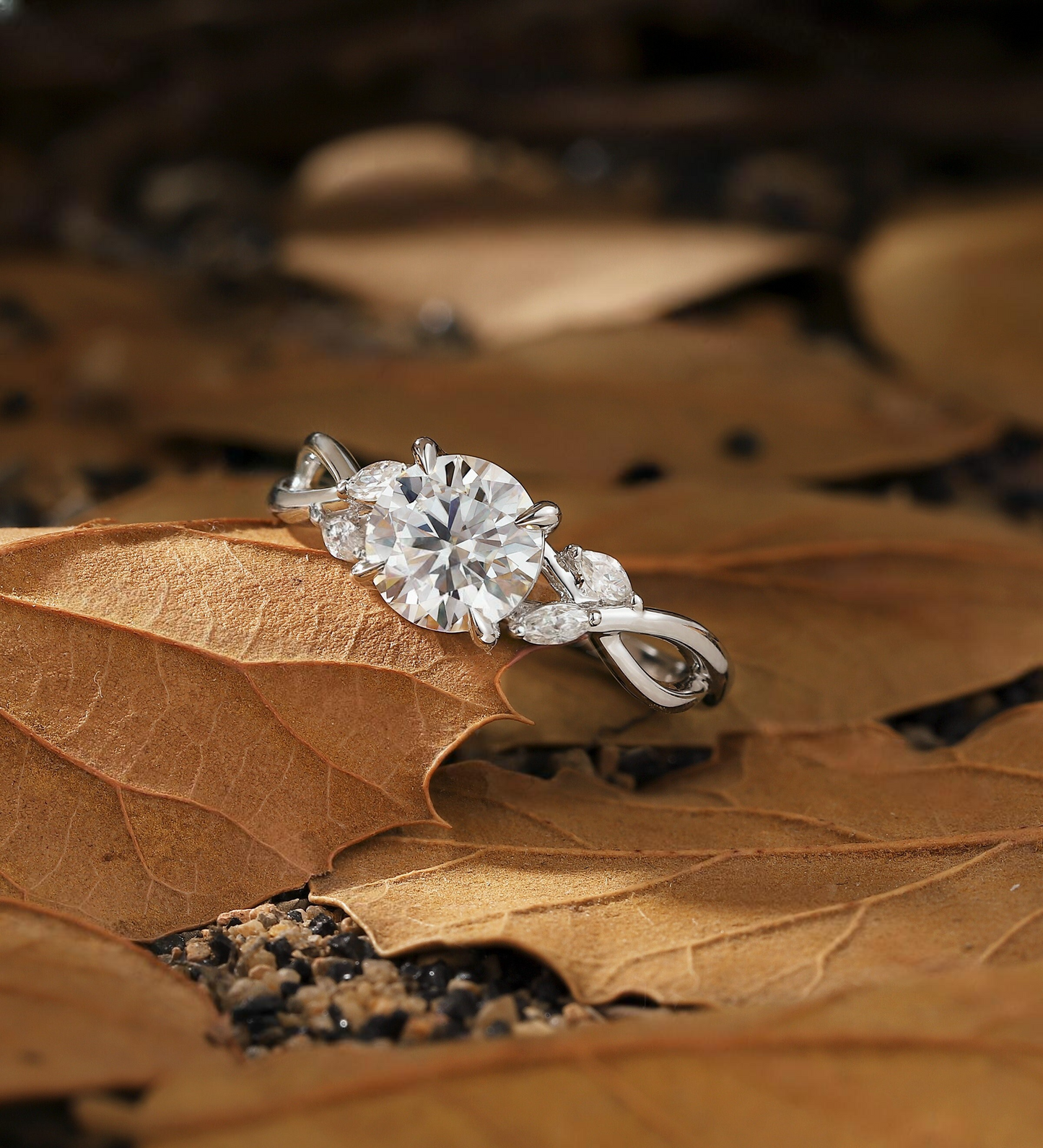 Vintage Lab Grown engagement ring | art deco white gold Round shape ring| leaf diamond ring unique marquise twist Anniversary ring