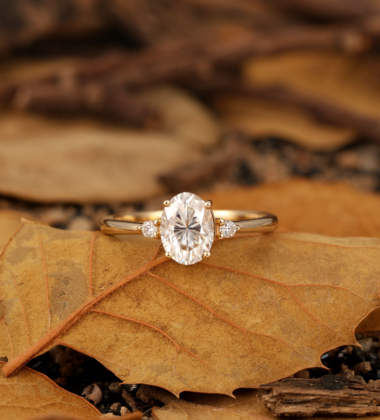 Classic Moissanite engagement ring Oval moissnaite yellow gold band Three stones diamond ring unique prong set wedding ring Anniversary