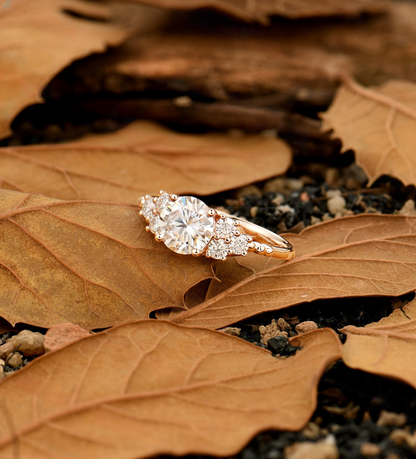 Vintage Lab Grown Engagement Ring - Antique Cluster Rose Gold Wedding Ring - Delicate Promise Ring with Natural Diamond