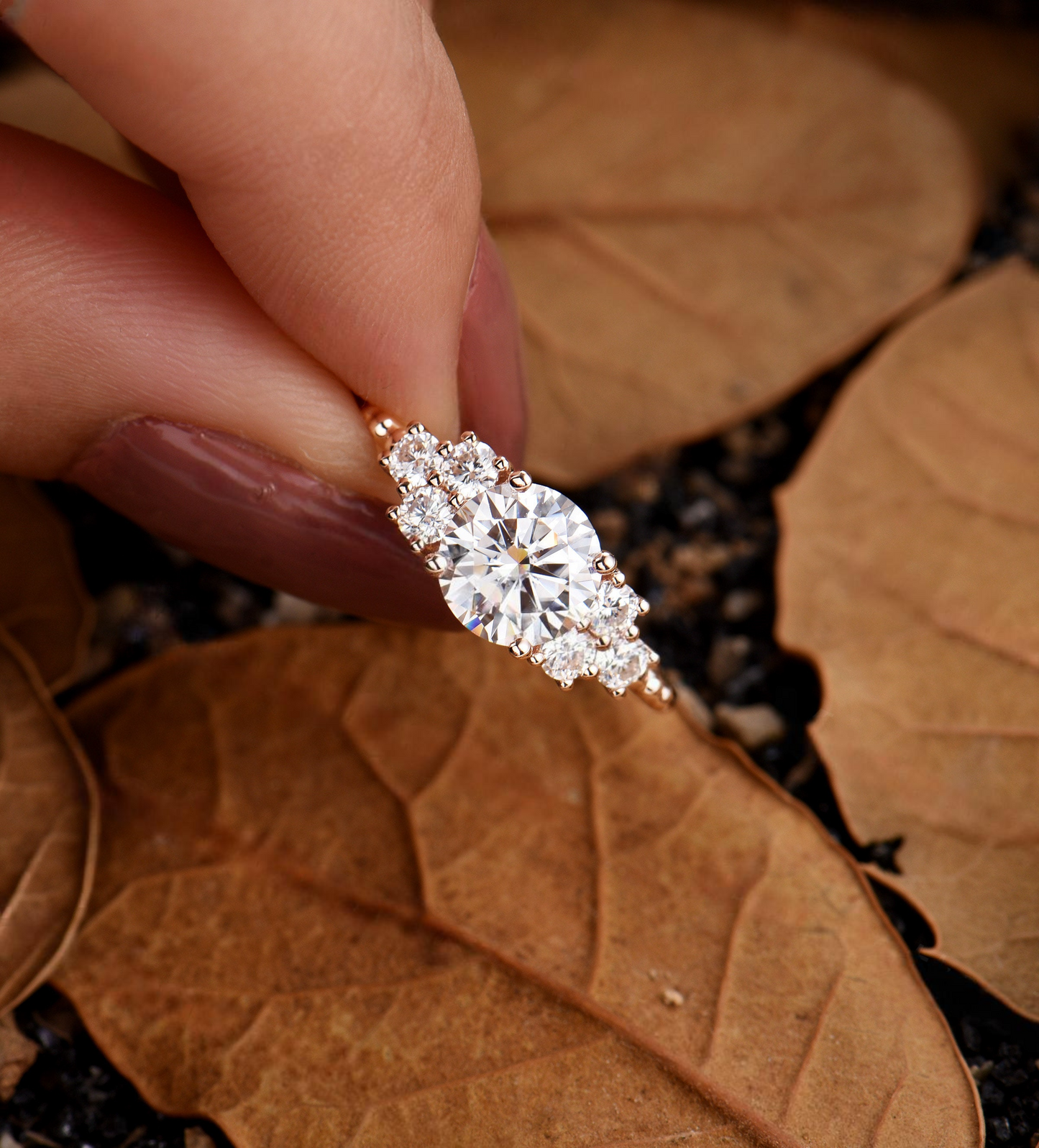 Vintage Lab Grown Engagement Ring - Antique Cluster Rose Gold Wedding Ring - Delicate Promise Ring with Natural Diamond