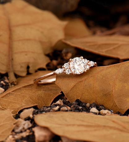 Vintage Lab Grown Engagement Ring - Delicate Cluster Wedding Ring for Women - Antique Rose Gold Promise Ring with Diamond