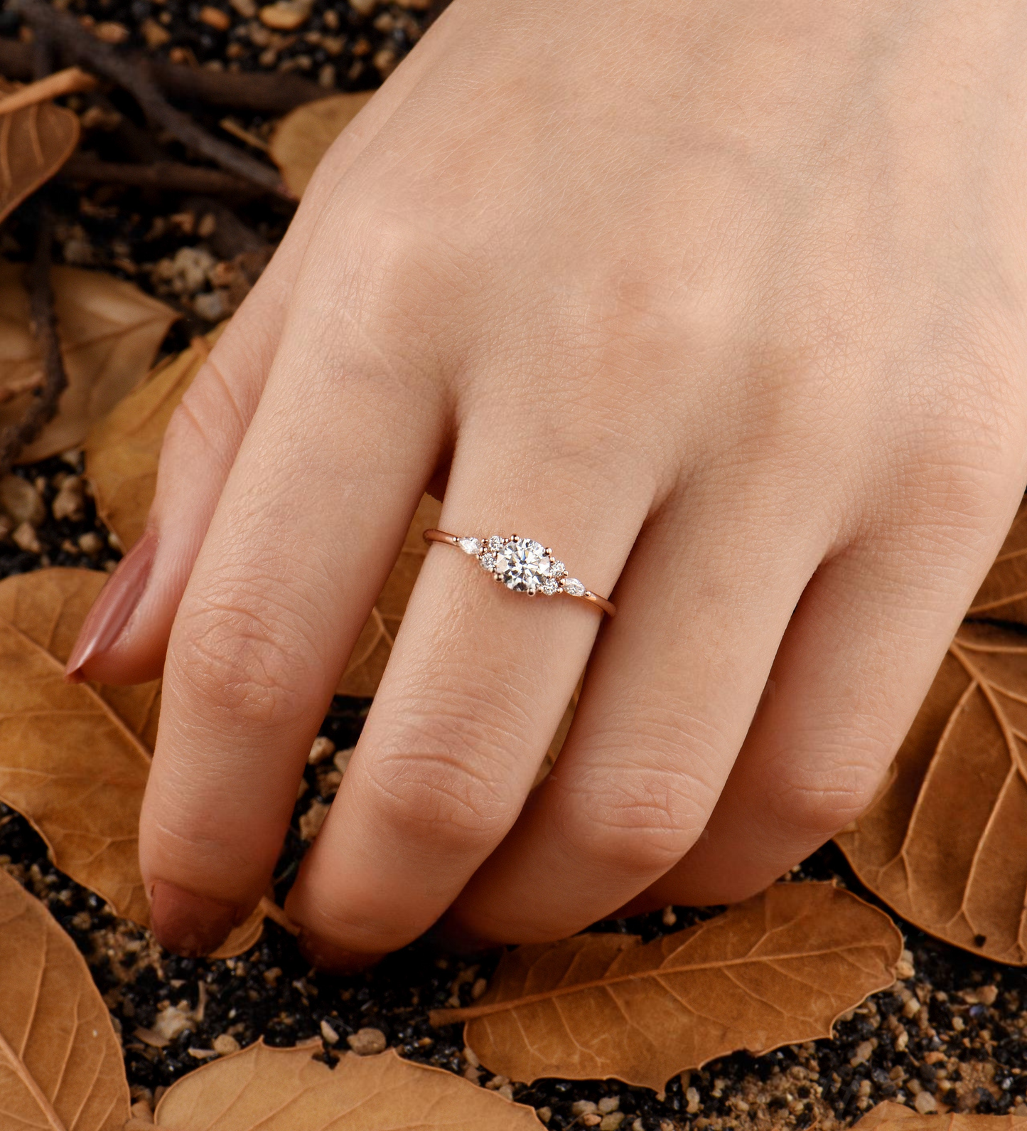 Vintage Lab Grown Engagement Ring - Delicate Cluster Wedding Ring for Women - Antique Rose Gold Promise Ring with Diamond