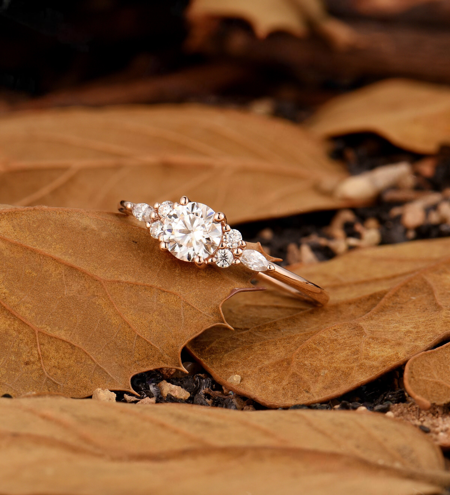 Vintage Lab Grown Engagement Ring - Delicate Cluster Wedding Ring for Women - Antique Rose Gold Promise Ring with Diamond