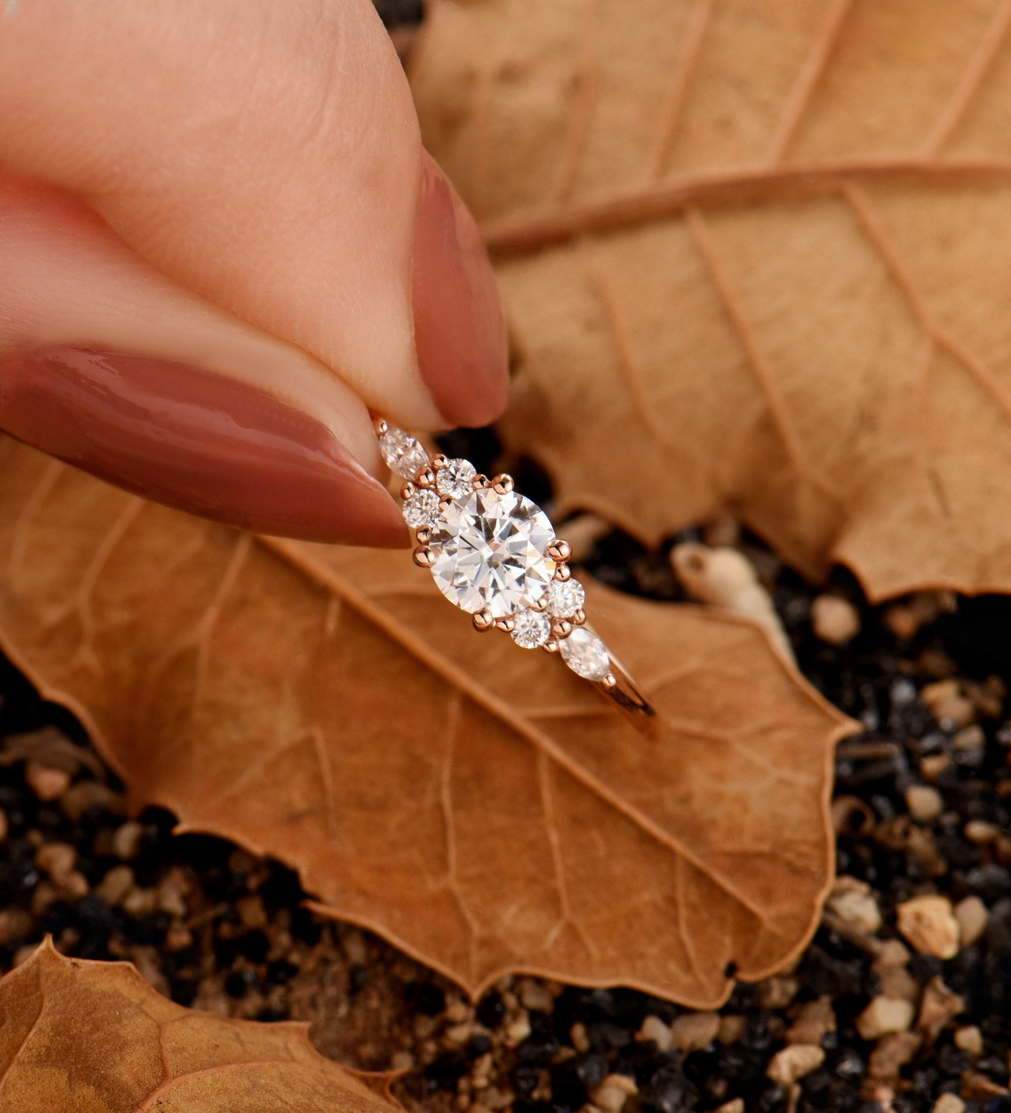 Vintage Lab Grown Engagement Ring - Delicate Cluster Wedding Ring for Women - Antique Rose Gold Promise Ring with Diamond