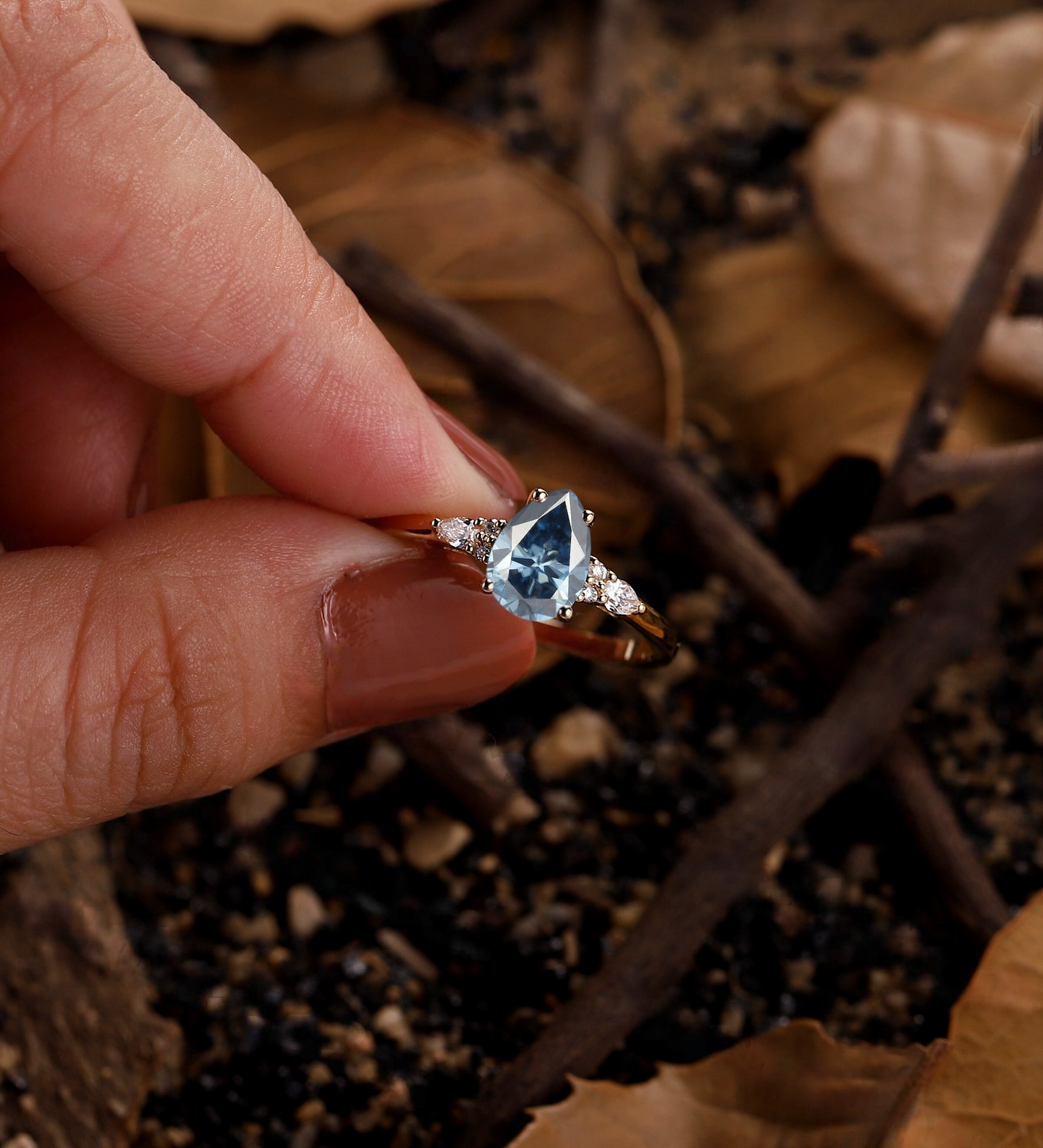 Pear Shaped Unique London Blue Topaz Engagement Ring Rose Gold Moonstone Engagement Ring Moonstone Ring Solitaire Wedding Ring Women