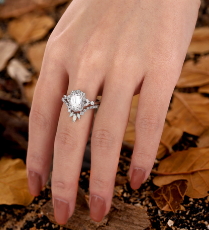 Emerald Lab Grown engagement ring art deco white gold wedding ring Unique Diamond curved Bridal ring Unique Anniversary ring