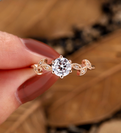 Nature Inspired Lab Grown Engagement Ring - Rose Gold Pave Tree Leaf Wedding Ring - Antique Vintage Ring