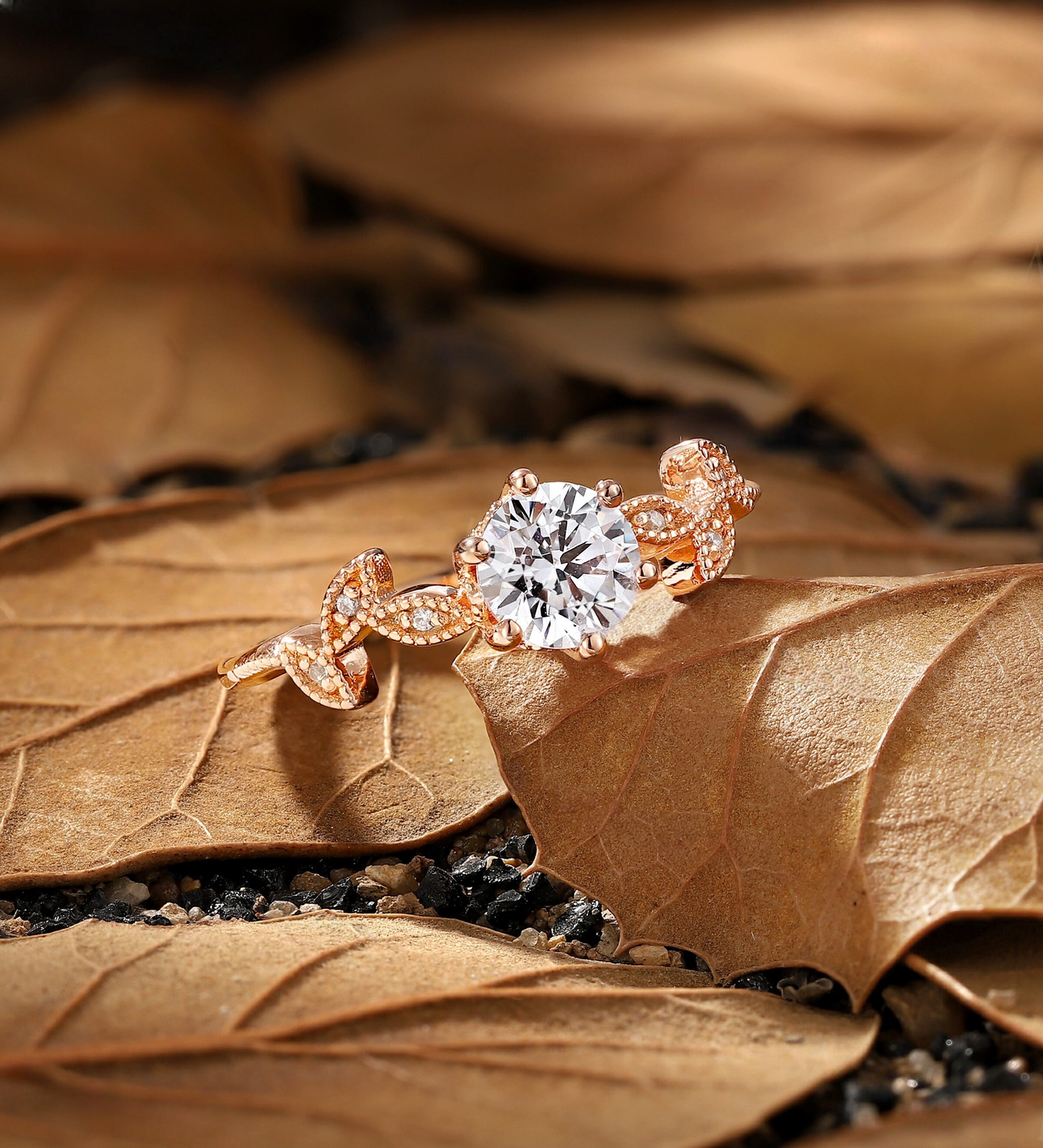 Nature Inspired Lab Grown Engagement Ring - Rose Gold Pave Tree Leaf Wedding Ring - Antique Vintage Ring