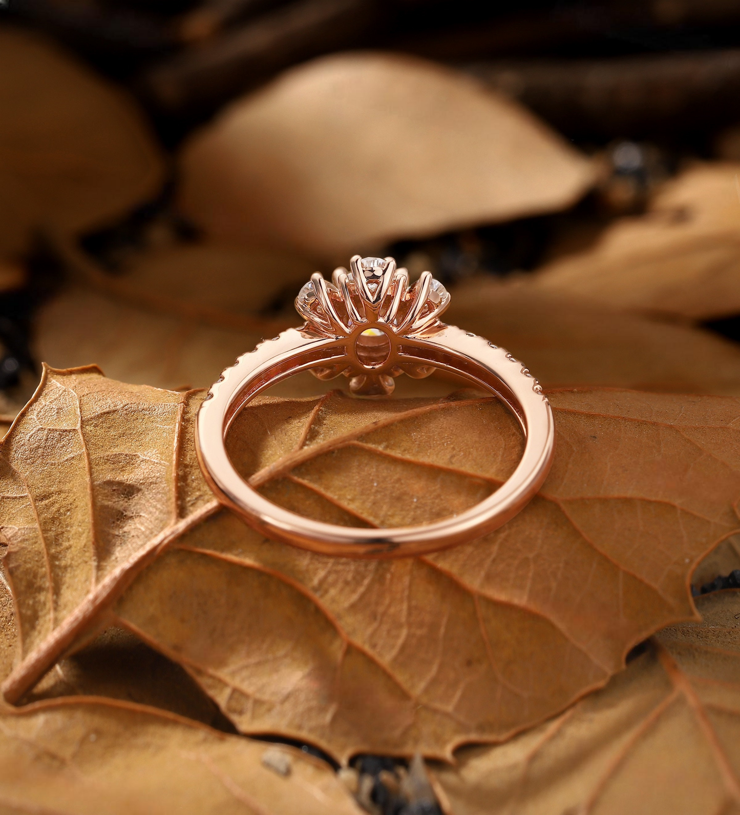 Round Lab Grown engagement ring Rose gold Vintage Pear diamond halo Bridal ring Floral half eternity pave wedding ring Anniversary