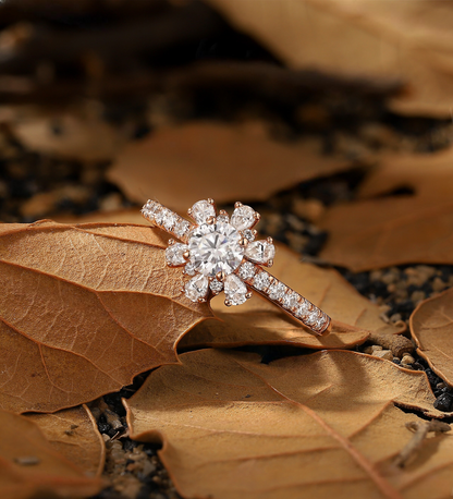 Round Lab Grown engagement ring Rose gold Vintage Pear diamond halo Bridal ring Floral half eternity pave wedding ring Anniversary