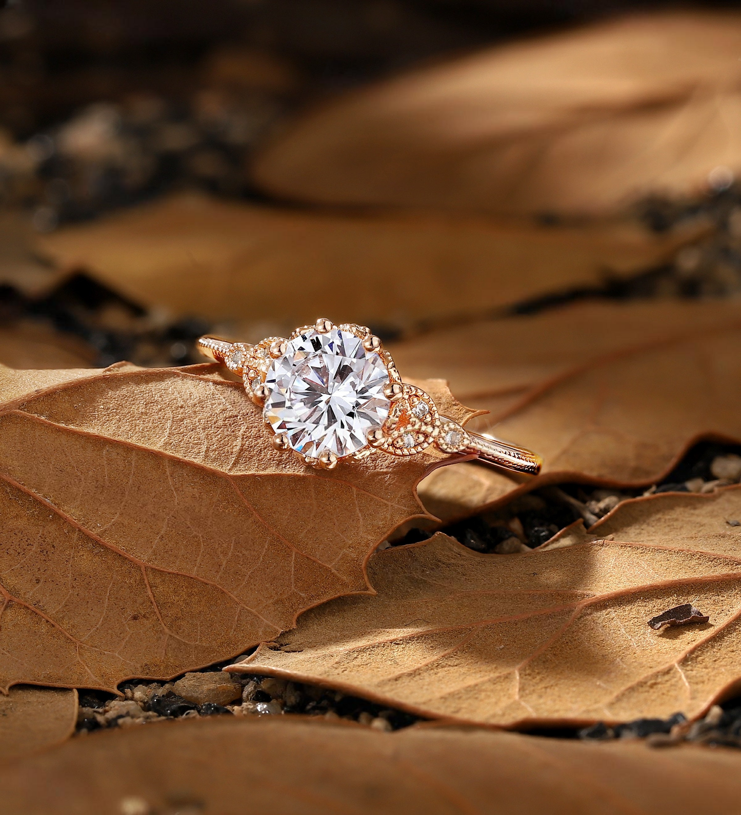 Vintage Round Lab Grown engagement ring rose gold Art deco Milgrain Diamond floral ring unique Promise Anniversary bridal ring