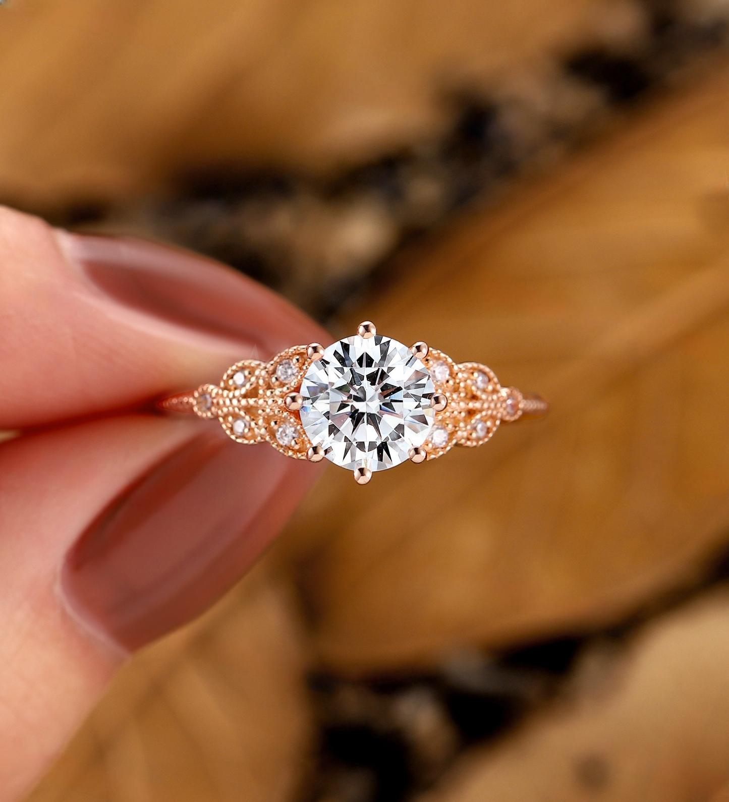 Vintage round Lab Grown engagement ring Rose gold milgrain diamond leaf design bridal ring Antique Anniversary Promise wedding ring