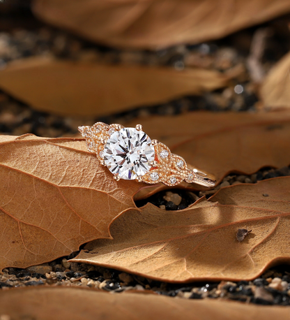 Vintage round Lab Grown engagement ring Rose gold milgrain diamond leaf design bridal ring Antique Anniversary Promise wedding ring