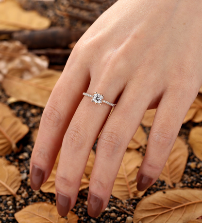 Floral Round Lab Grown engagement ring Rose gold Vintage Diamond half eternity pave Bridal ring Unique Vintage Anniversary Promise ring