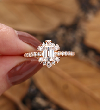 Emerald Lab Grown engagement ring Rose gold Vintage Pear & round diamond halo bridal ring Unique half eternity pave anniversary ring