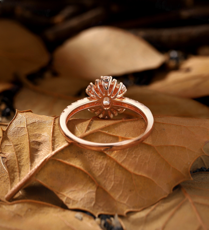 Emerald Lab Grown engagement ring Rose gold Vintage Pear & round diamond halo bridal ring Unique half eternity pave anniversary ring