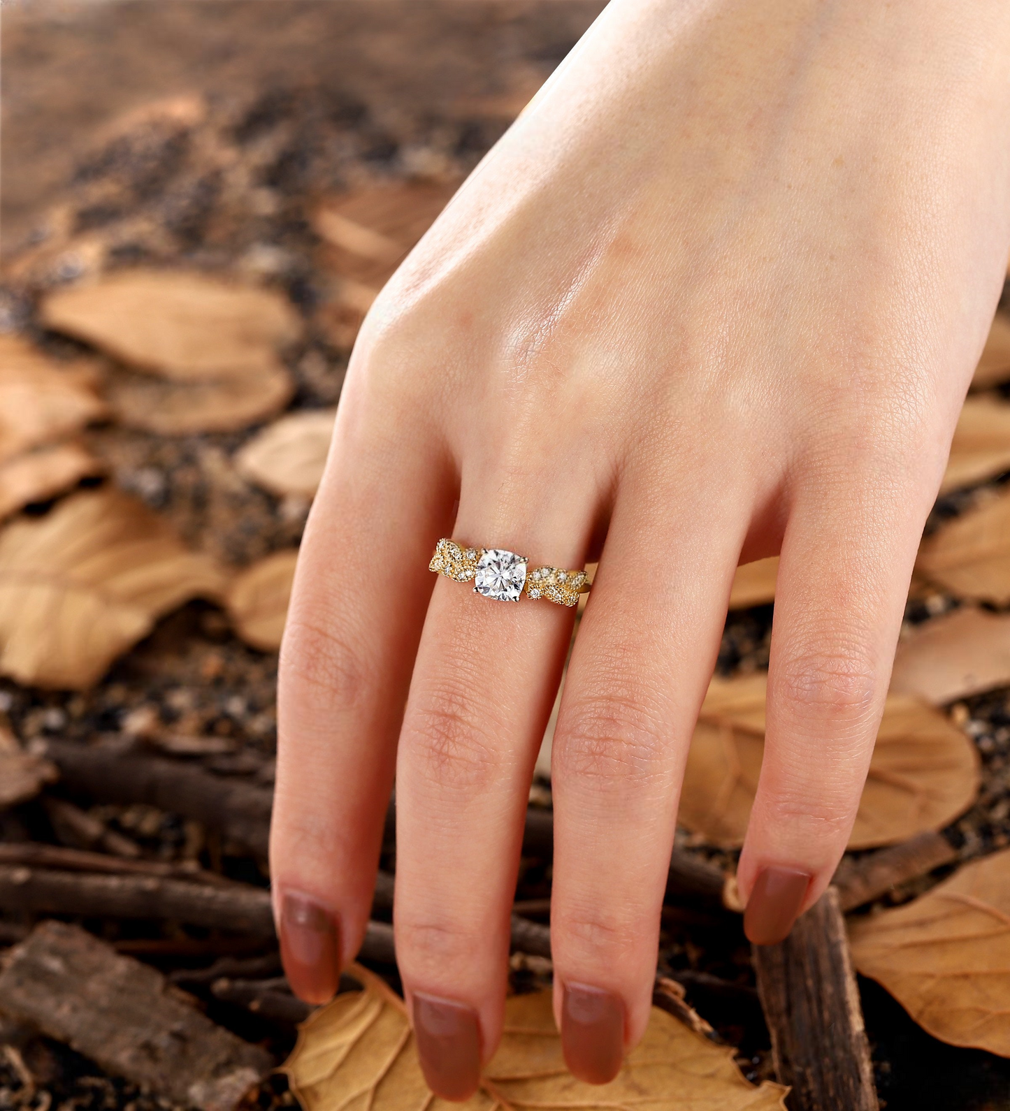 Vintage round Lab Grown engagement ring Rose gold migraine diamond leaf design bridal ring Antique Anniversary Promise wedding ring