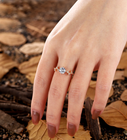 Nature Inspired Lab Grown Engagement Ring - Rose Gold Pave Tree Leaf Wedding Ring - Antique Vintage Ring