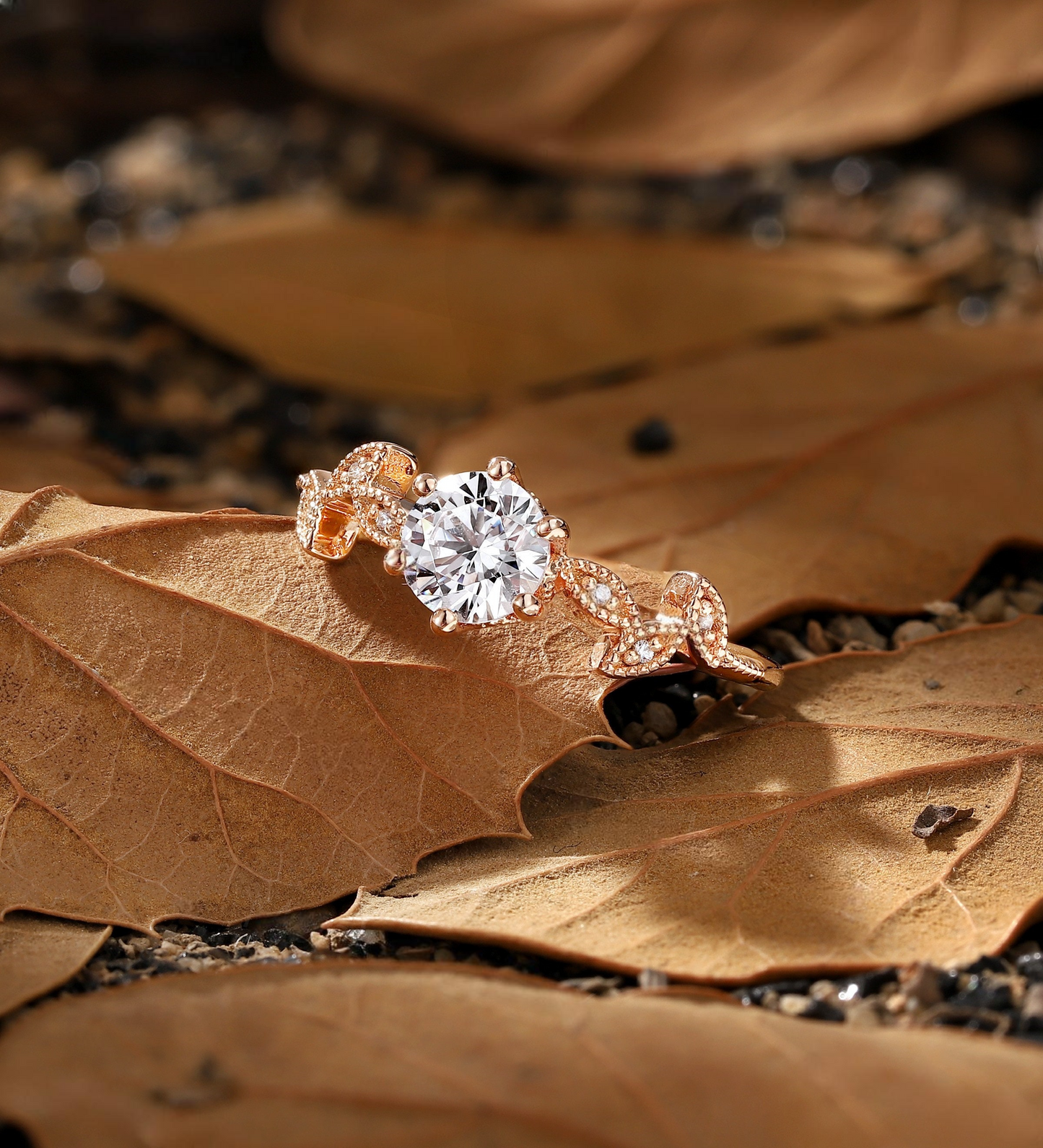 Nature Inspired Lab Grown Engagement Ring - Rose Gold Pave Tree Leaf Wedding Ring - Antique Vintage Ring