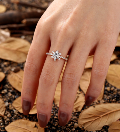 Round Lab Grown engagement ring Rose gold Vintage Pear diamond halo Bridal ring Floral half eternity pave wedding ring Anniversary