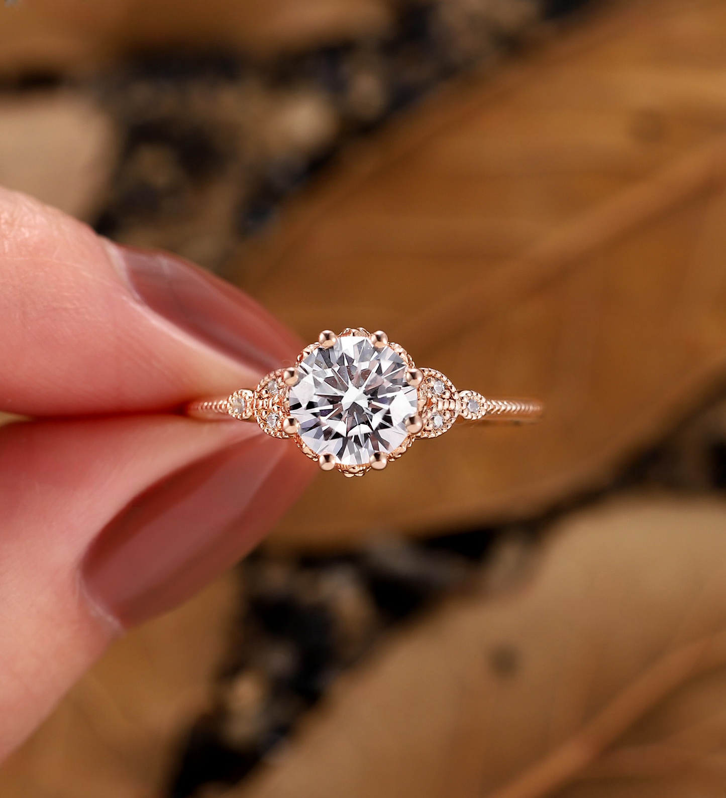 Vintage Round Lab Grown engagement ring rose gold Art deco Milgrain Diamond floral ring unique Promise Anniversary bridal ring