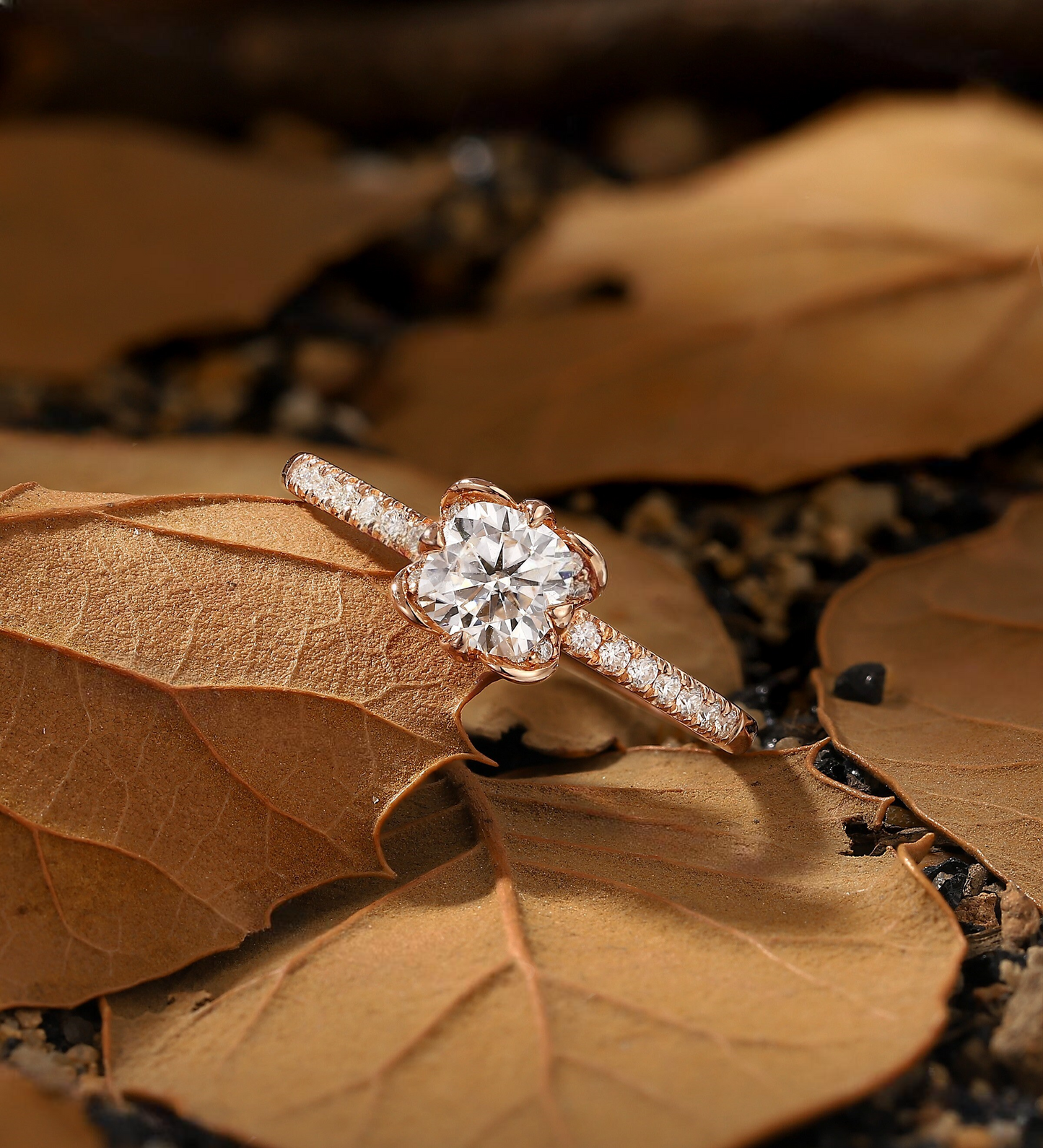 Floral Round Lab Grown engagement ring Rose gold Vintage Diamond half eternity pave Bridal ring Unique Vintage Anniversary Promise ring